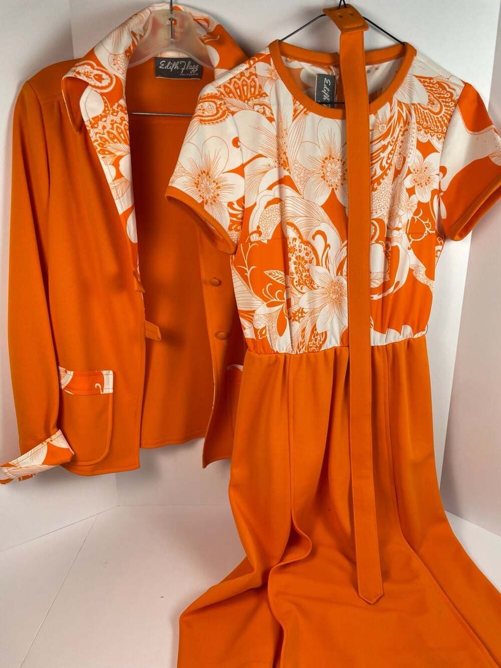 Vintage Edith Flagg California 2-Piece Dress & Jacket Set Orange Floral Sz S